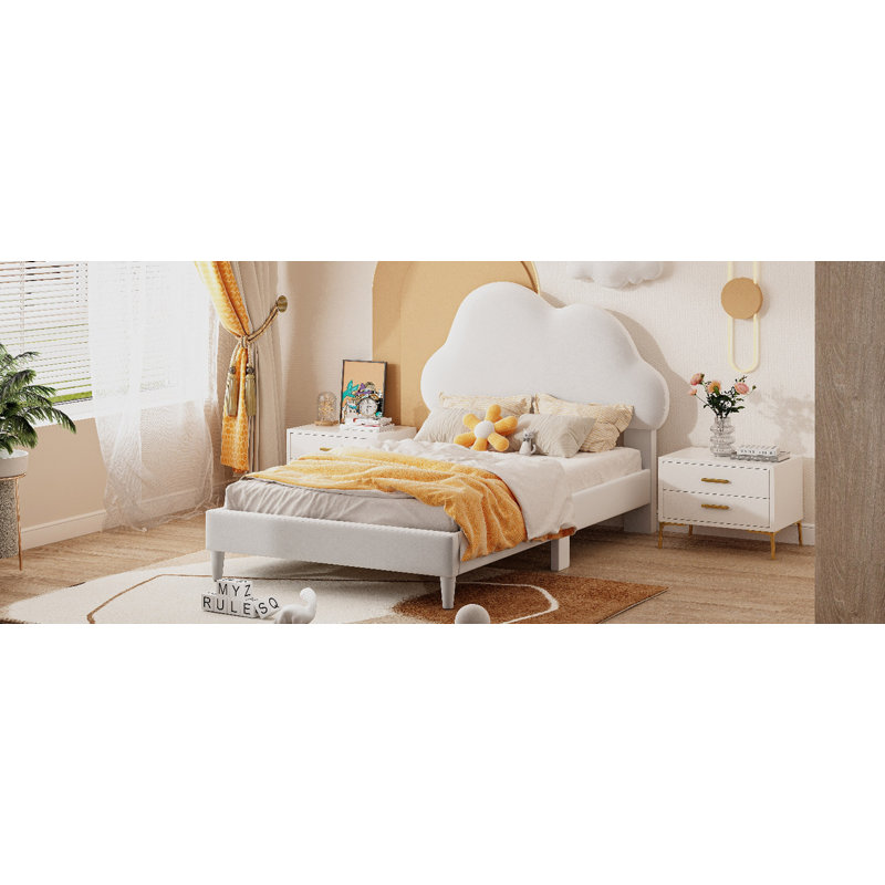 Twin Size Upholstered Cloud-Shape Bed ,Velvet Platform Bed With Headboard,No Box-Spring Needed