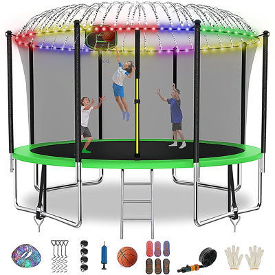 14FT Round Backyard Outdoor Trampoline with Safety Enclosure, Light, Sprinker, Socks