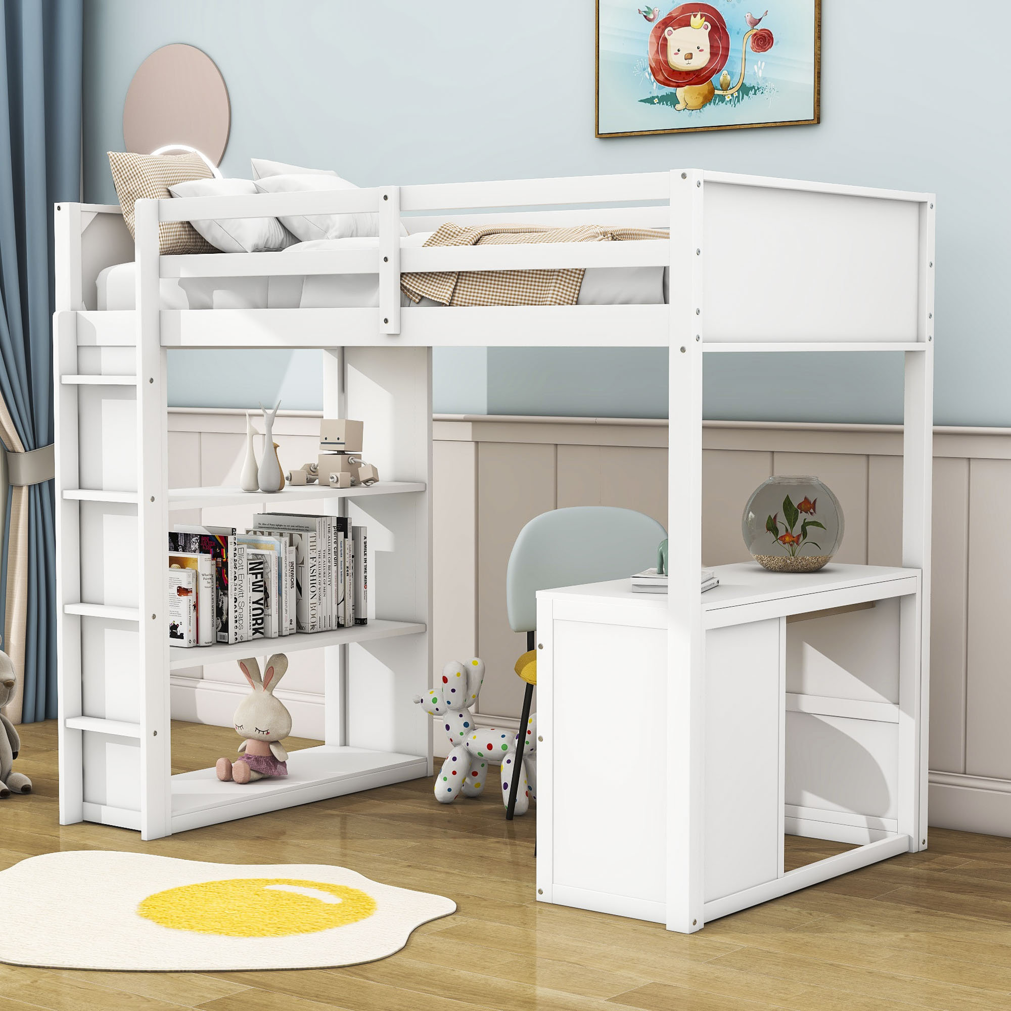 Alydar Kids Twin Loft Bed with Desk \u0026 Shelves - White, image size:2000x2000