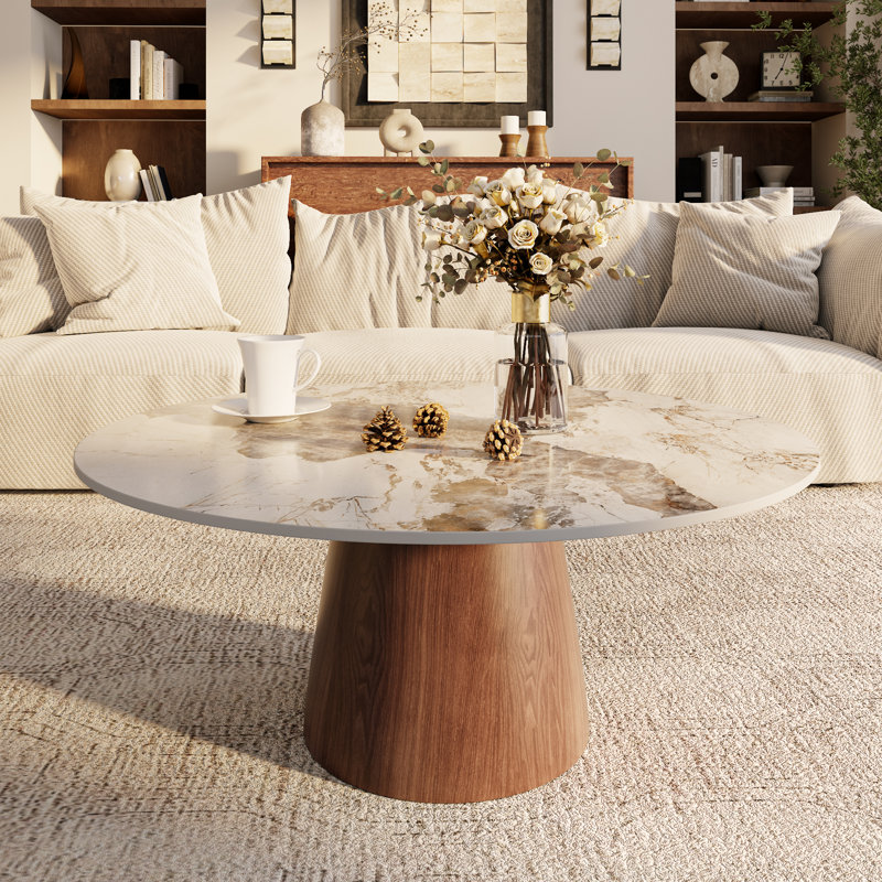 Mid-Century Modern Round Coffee Table Stone Marble Effect Wooden Pedestal Table For Living Room & Home Decor, Brown, Brown