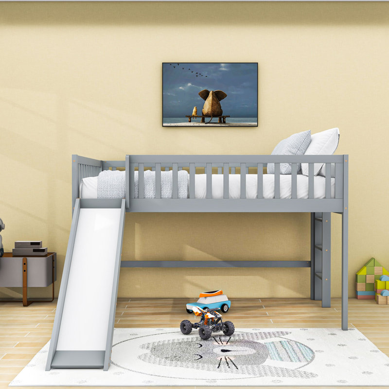Lit mezzanine double en bois avec échelle et glissoire amovible, Gris