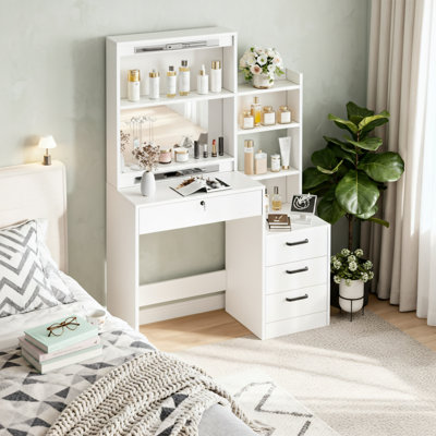 White, Modern Style Vanity Table With Lighting And Sliding Mirror; Bedroom-Specific Vanity Table With Integrated Dressing And Storage.