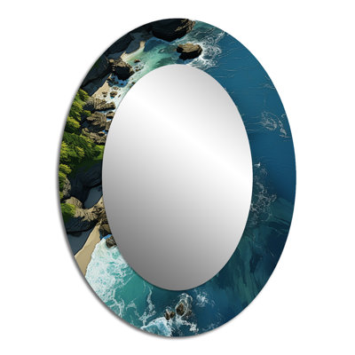 Vue aérienne de l'île tropicale II - miroir décoratif ovale côtier sur métal