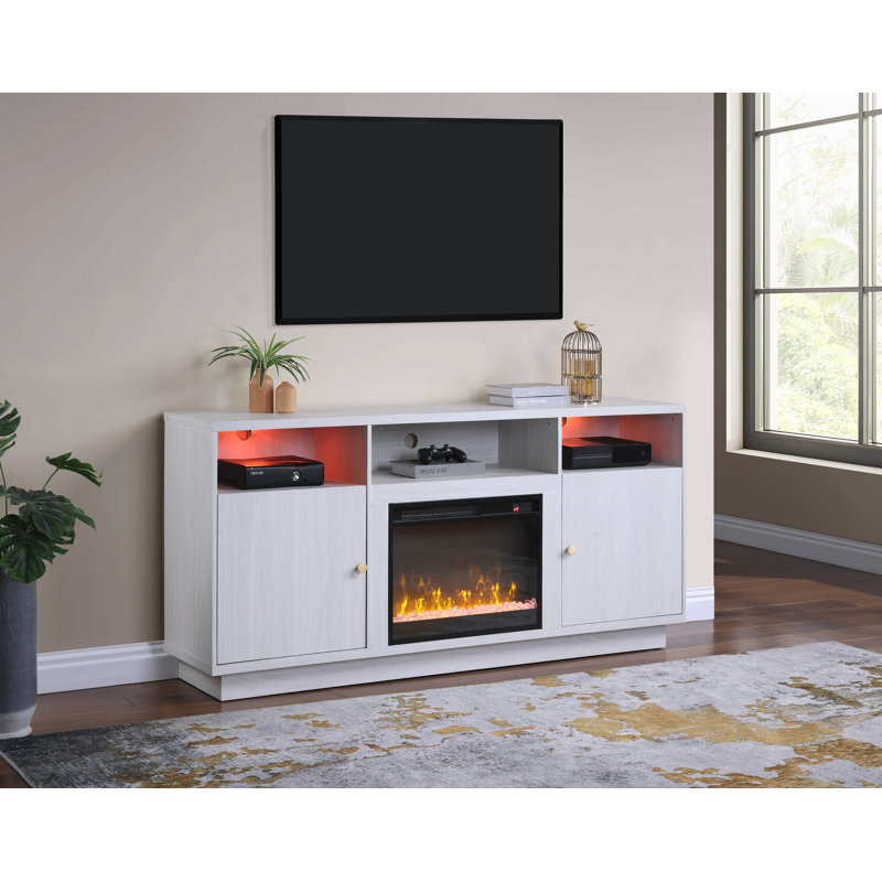 Ambrose 70"W White Walnut Finish Fireplace Console Tv Stand With Heater, Led Light, Cabinets, Shelves, White/Walnut