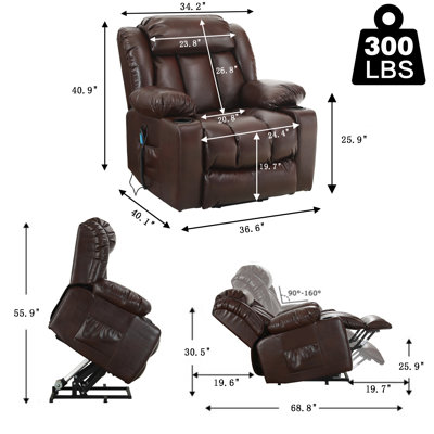 Sandrew Power Lift Recliner Chair with Vibrating Massage and Heating, 2 Side Pockets, and Cup Holders, USB Ports, Right Side Button, Faux Leather