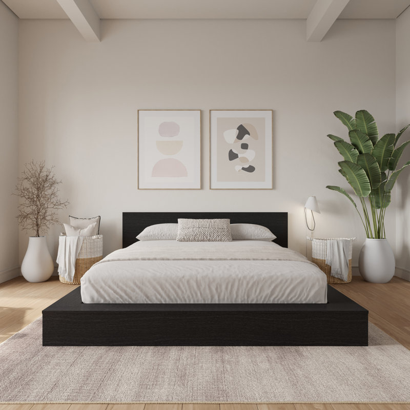 Ensemble de lit plateforme bas Makoa, Noir, Grand lit