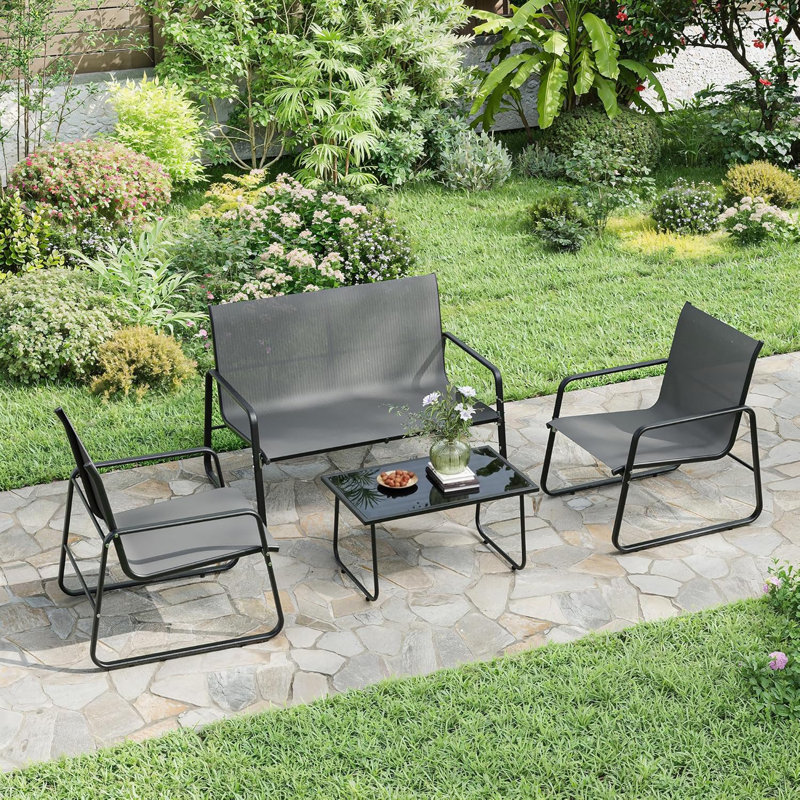 Garden Furniture Set, Metal Frame Patio Conversation Set With Loveseat, Grey / Black