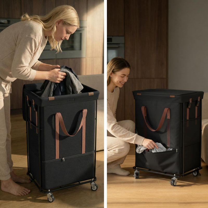 Rolling Double Laundry Hamper  with Lid and 2 Removable Bags, Large Capacity 2 Section Basket, (Black), Black