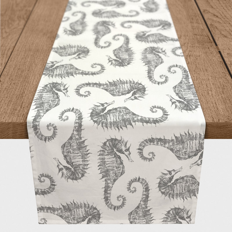 Watercolor Seahorse Coral Table Runner, Gray, 72" x 16", 1