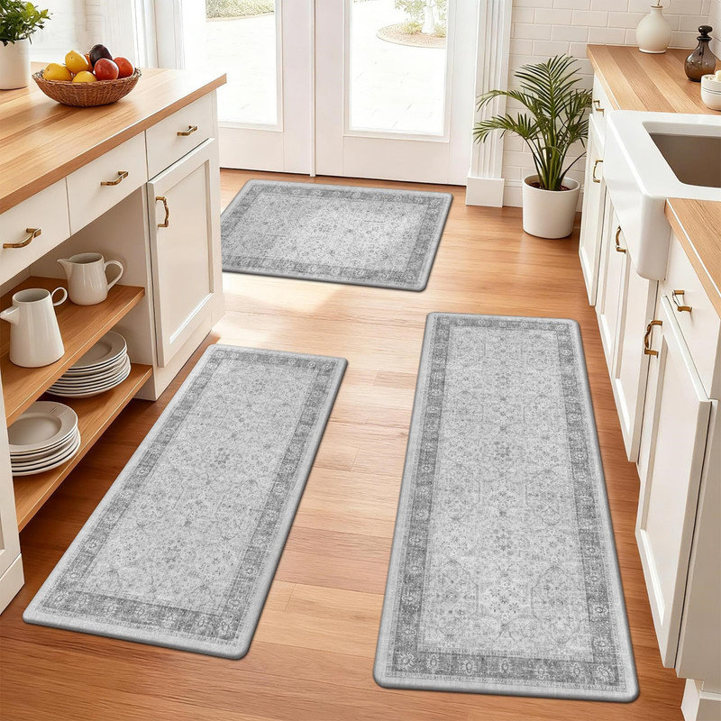 Anti-fatigue kitchen floor mat three-piece set, non-slip kitchen floor mat, comfortable standing mat, Light Grey