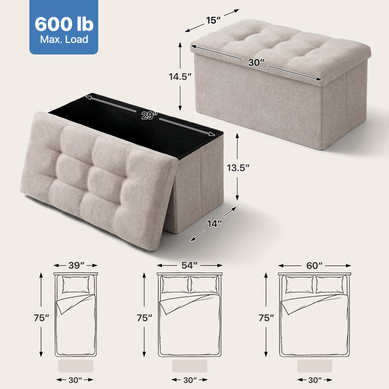 30" Upholstered Folding Storage Ottoman, Tufted Footstool Footrest End of Bed Bench with Padded Seat, Tan