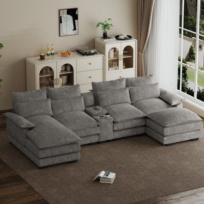 Canapé modulaire surdimensionné en chenille avec porte-gobelet et repose-pieds USB