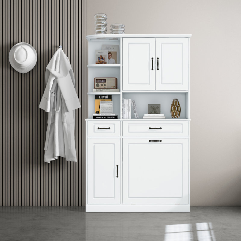 Armoire de rangement autoportante pour salle de bain avec panier à linge inclinable, portes et tiroirs