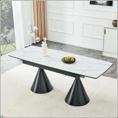 Extendable Marble-Pattern Dining Table with Black Tapered Legs