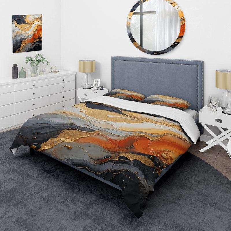 Ensemble de housse de couette Geode Lava II doré et blanc, Housse de couette pour très grand lit