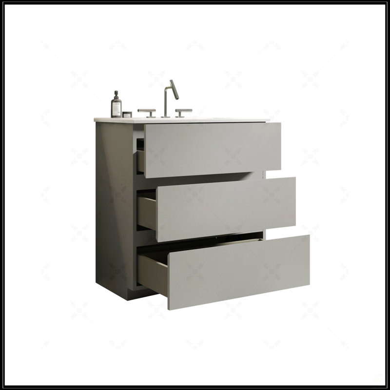 Meuble-lavabo de 30 po avec lavabo, grand rangement et 3 trous de robinet pour salle de bain moderne, pré-assemblé avec une cuve blanche