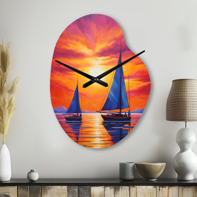 Sailboat Sunset Sails - Boat Sailing Unique Shape Metal Wall Clock, Modern Asymmetrical Wall Clock Print