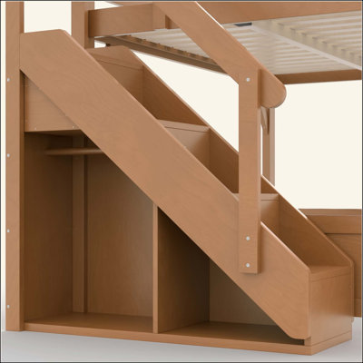 Lit mezzanine avec garde-robe et espace de rangement intégrés, lit mezzanine en bois massif avec tablettes à côté, garde-corps pleine longueur et escalier, aucun sommier nécessaire