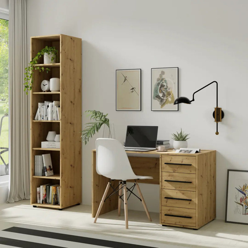 Sunde 08 Bookcase 45cm - Cashmere, Elegant Five-Shelf Tall Bookcase, Oak