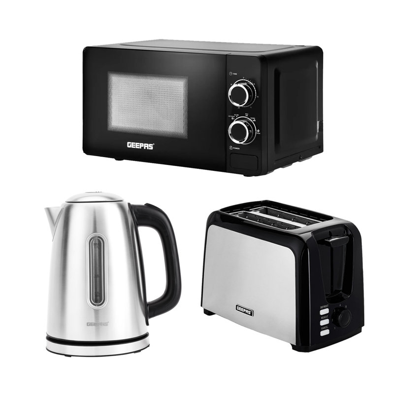 GEEPAS 2 Slice Bread Toaster, 1.7L Illuminating Electric Kettle & 20L 700W Solo Manual Microwave Oven Combo Set | 750W Toaster, 7 Level Browning Control, 2200W Stainless Steel Cordless Jug Kettle