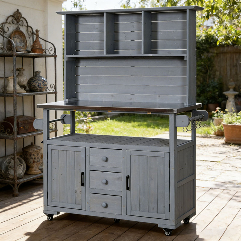 65''H Large Garden Storage Potting Bench with Lockable Wheels, Wood Outdoor Kitchen Island with Stainless Steel top, Gray