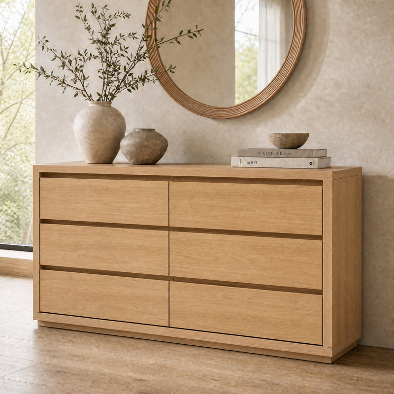 Fere 60" W 6-Drawer Dresser, Honey Oak