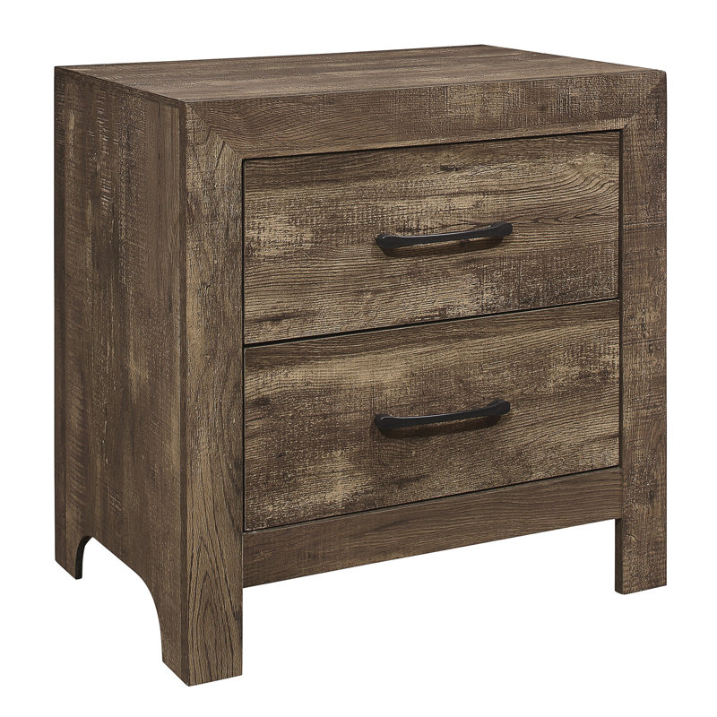 Table de chevet 2 tiroirs en brun rustique, complétant la chambre à coucher avec des compartiments en métal brun, ajoutant de la valeur à
