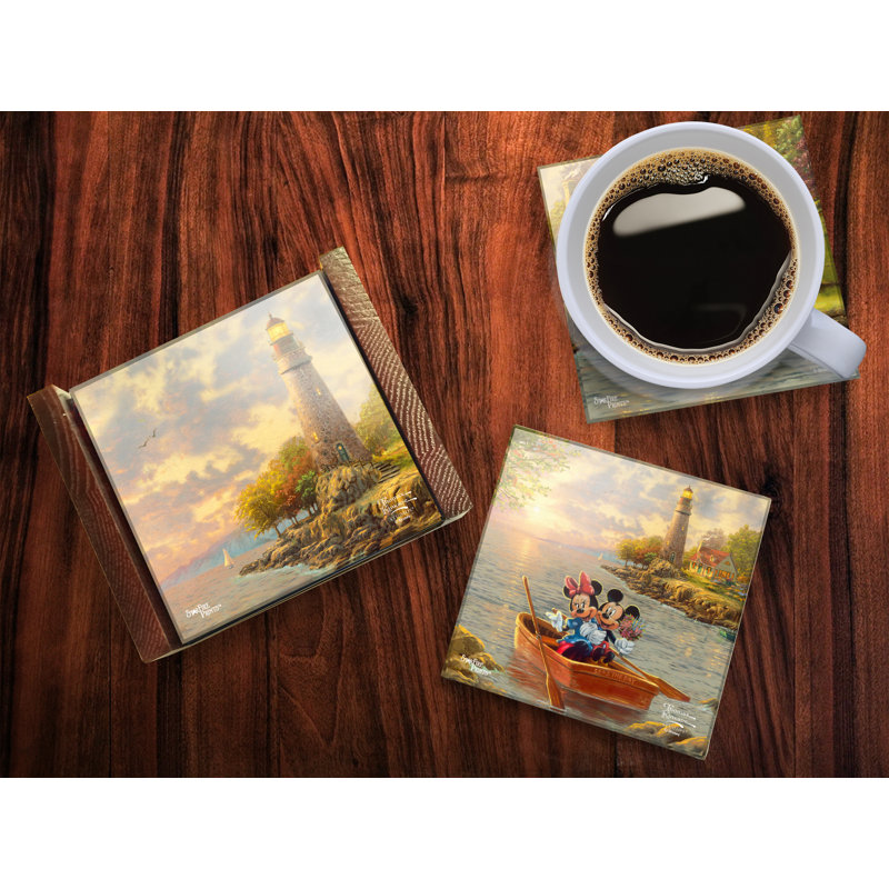 (Symboles) Ensemble de sous-verres en verre Starfire, Thomas Kinkade / Phare de Mickey et Minnie Cove