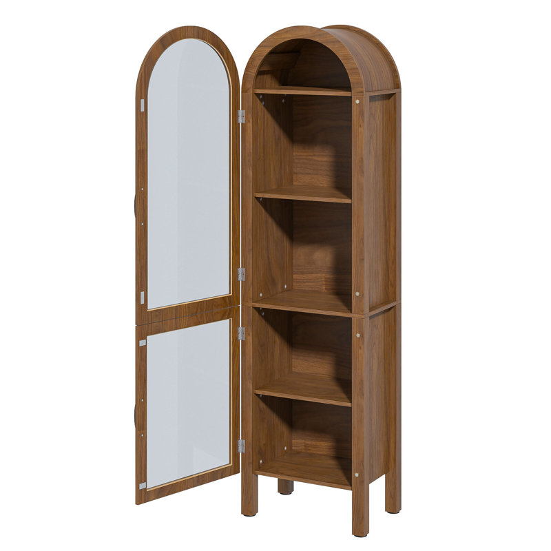 64.17 inch Arched Display Cabinet Bookcase With Acrylic Glass Doors, Curio Cabinet Farmhouse Dining Cabinet With Storage, Arch Accent Cabinet For Living Room