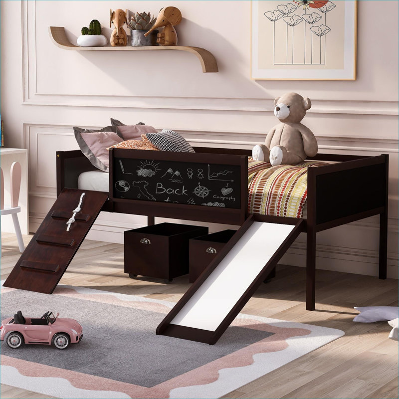 Solid Wood Twin Size Loft Platform Bed With Two Lockable Rolling Storage Boxes Brown Finish