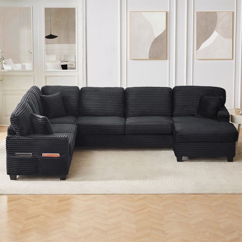 Canapé modulaire en forme de U Canapé modulaire rembourré en L de 125,2 po avec repose-pieds mobile et poches de rangement latérales pour le salon, noir