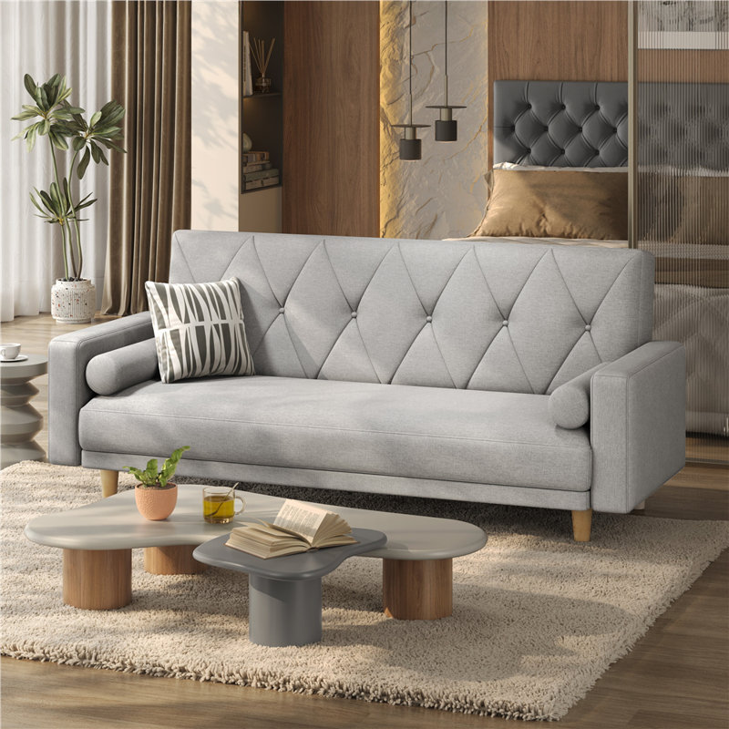 Tufted 3 Seater Sofa Bed, Polyester - Light Grey