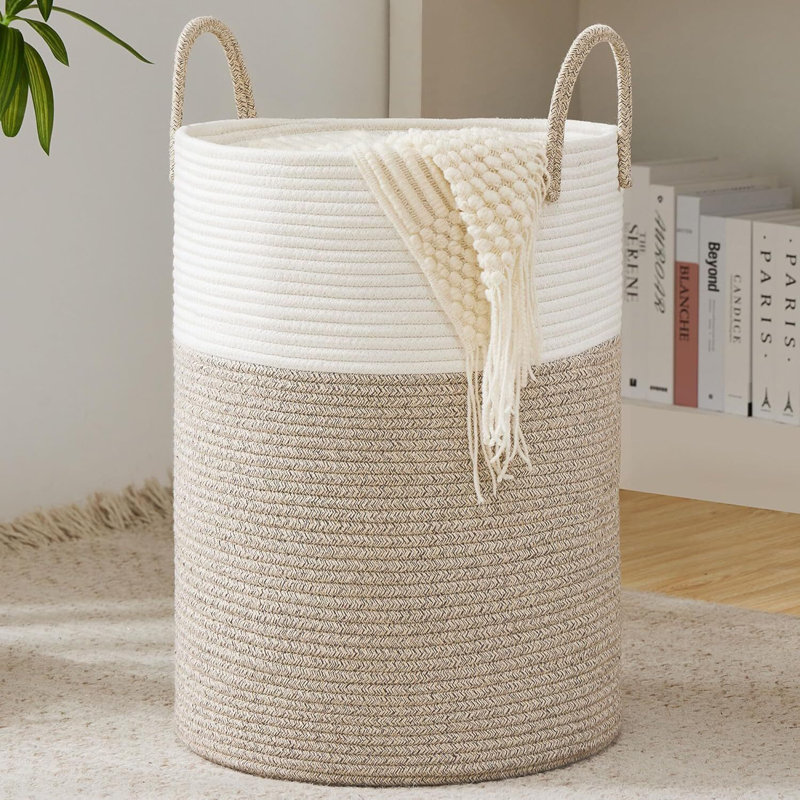 Panier à linge tissé avec poignées, Blanc / kaki, H 22 po x l 16 po x P 16 po