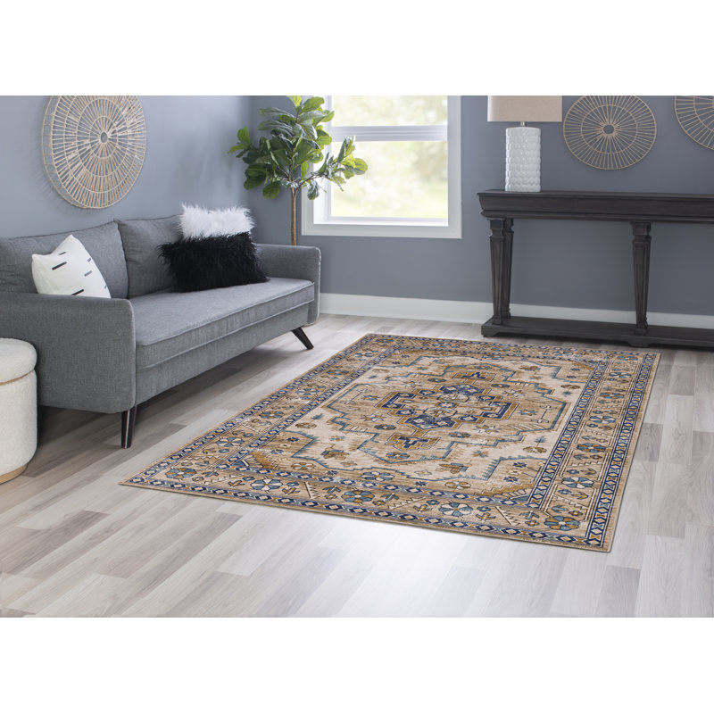 Aspers Machine Washable Ivory and Gold Area Rug, Rectangle 5' x 7'