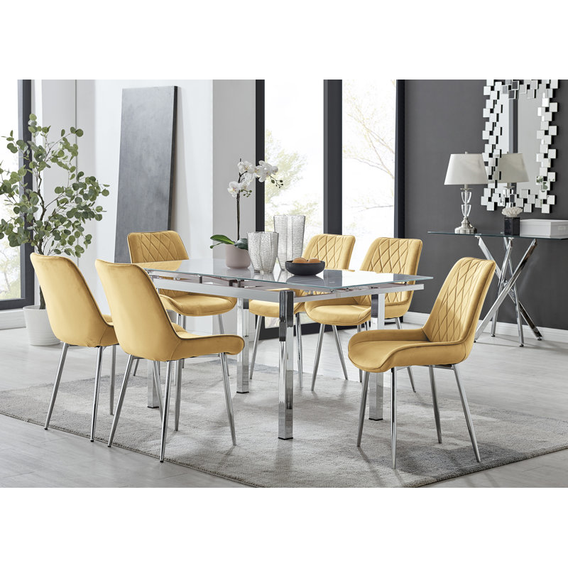 Tierra Modern Glass & Metal Extendable Dining Table Set & 6 Luxury Upholstered Velvet Dining Chairs, Mustard/Silver
