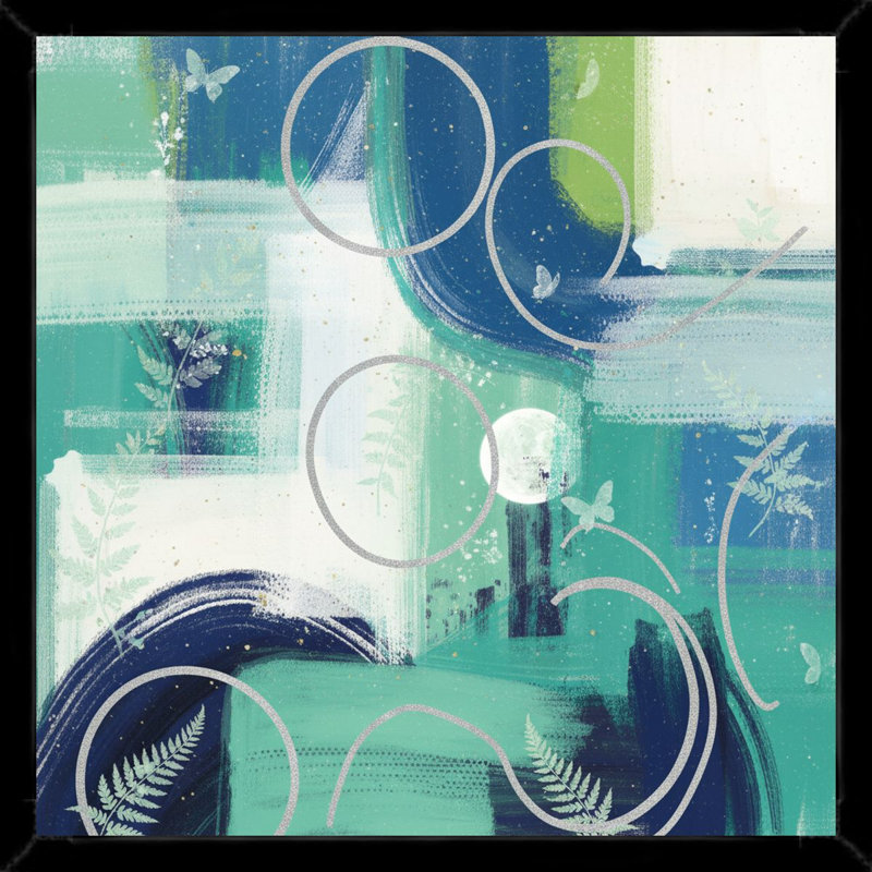 Abstrait fougères en bleu et vert - Art mural sur toile encadrée, 24" H x 24" W, Black