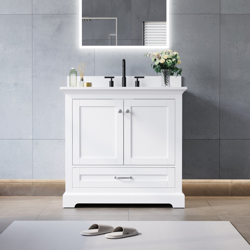 Meuble-lavabo sur pied l 36 po x H 34,2 po avec comptoir en marbre de culture blanc pur et lavabo simple, Blanc, 36"