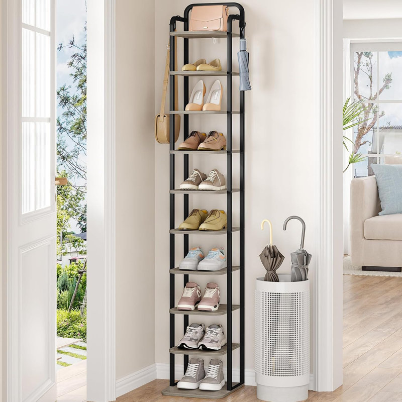 Range-chaussures vertical 10 niveaux, tour à chaussures étroite, étagère à chaussures haute avec 2 crochets, tablettes réglables, étagères à chaussures pour petits espaces, vestibule, salon, grège