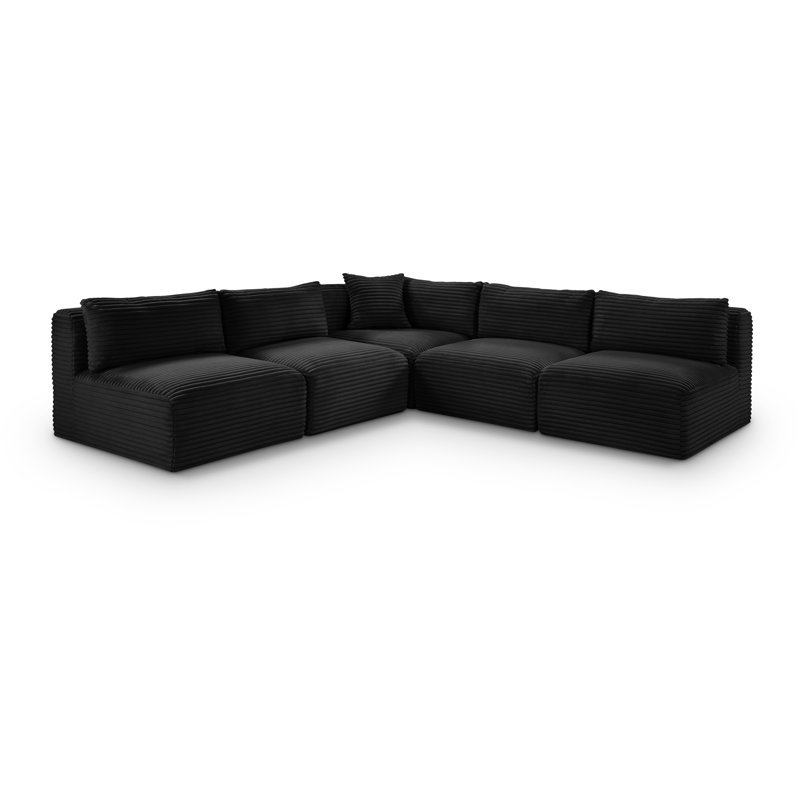 Canapé modulaire en L Carmean Performance, Tissu velours côtelé texturé noir, 4 sans accoudoirs, 1 en coin