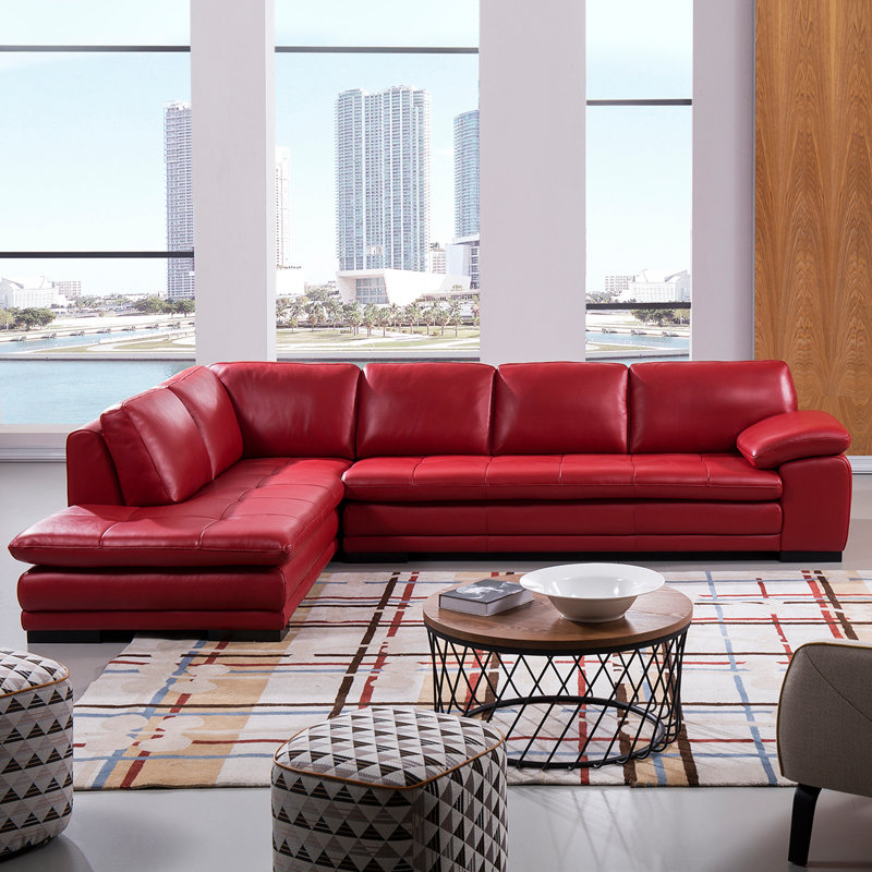 126" Wide Leather Match Sofa & Chaise, Left Hand Facing, Ruby Leather