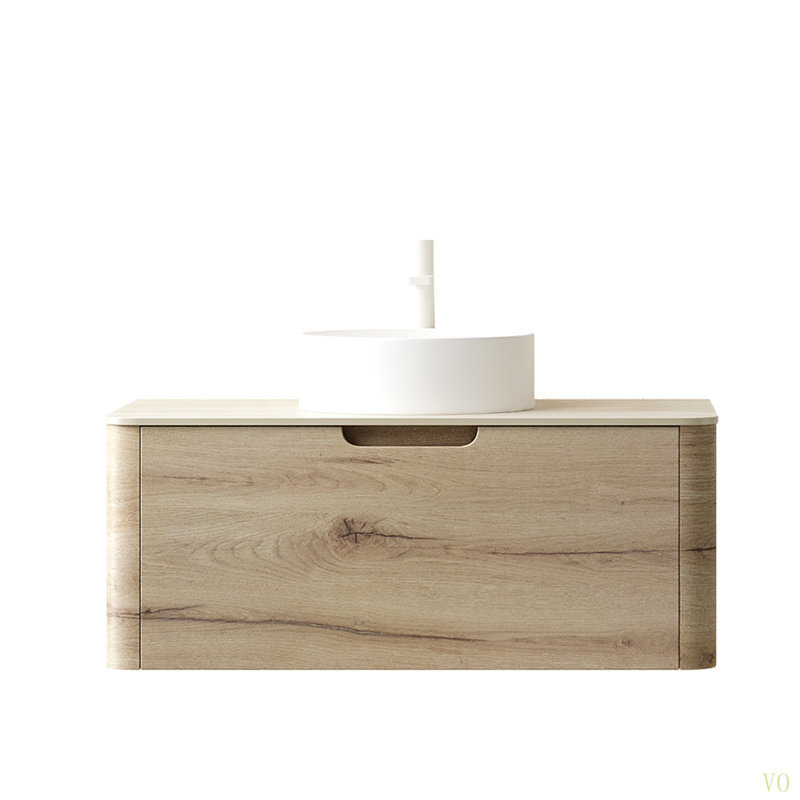Meuble-lavabo de 36 po avec lavabo, armoire de rangement murale en contreplaqué avec tiroir, lavabo rond en céramique et plateau en pierre Sinte à motif travertin Roma, pré-assemblé