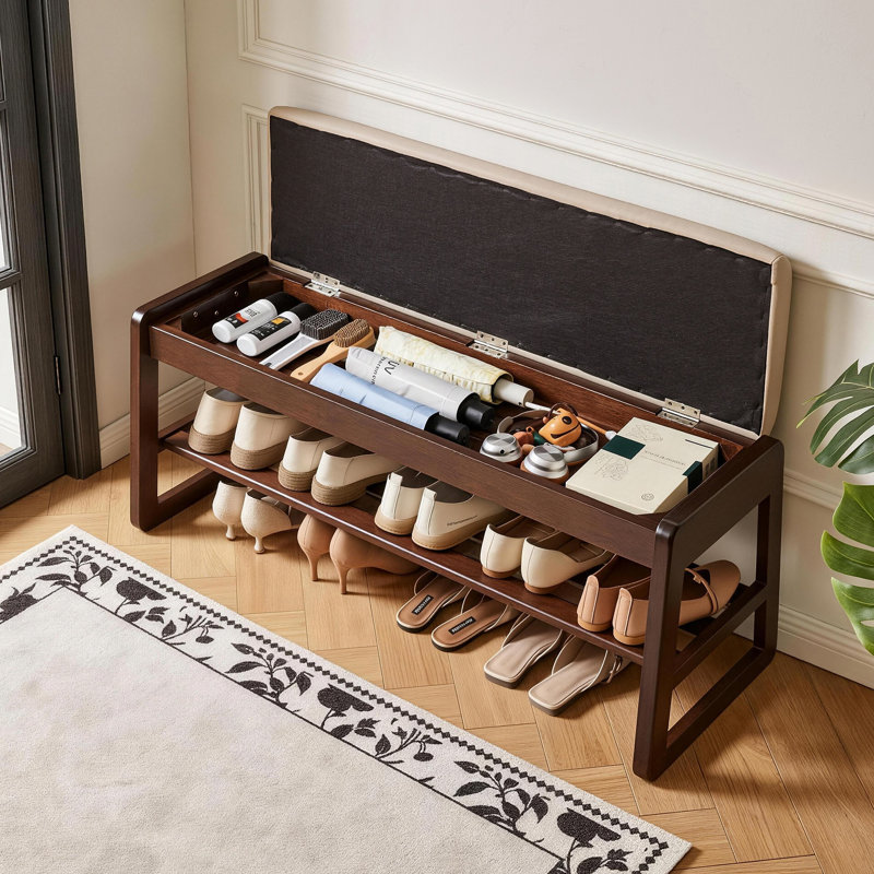Banc à chaussures en bois massif avec rangement, Beige