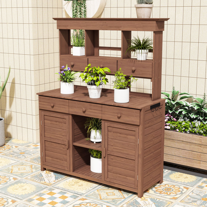 Banc de rempotage d'extérieur en bois de sapin avec tablette réglable, tiroirs spacieux et conception ergonomique, Brun