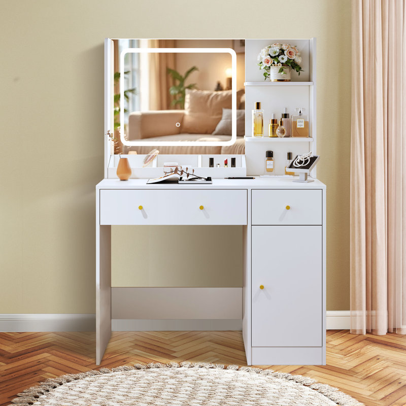 Ensemble de coiffeuse de maquillage blanc moderne avec miroir lumineux à DEL, station de charge intégrée et 3 compartiments de rangement