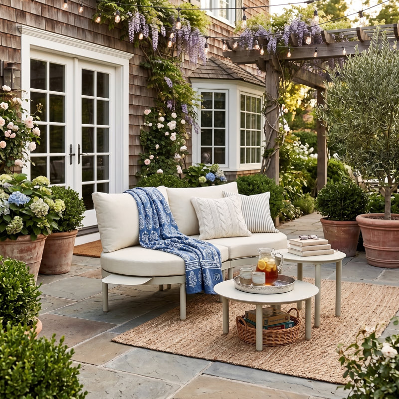 Patio Curved Sofa with Coffee Table, Beige Cushion/Light Gray Frame