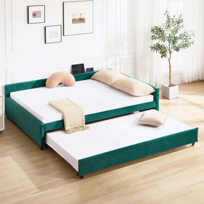 Modern Diamond Grid Upholstered Daybed with Pop-Up Trundle, Sturdy Solid Wood Frame Multi-Room Sleeper Furniture