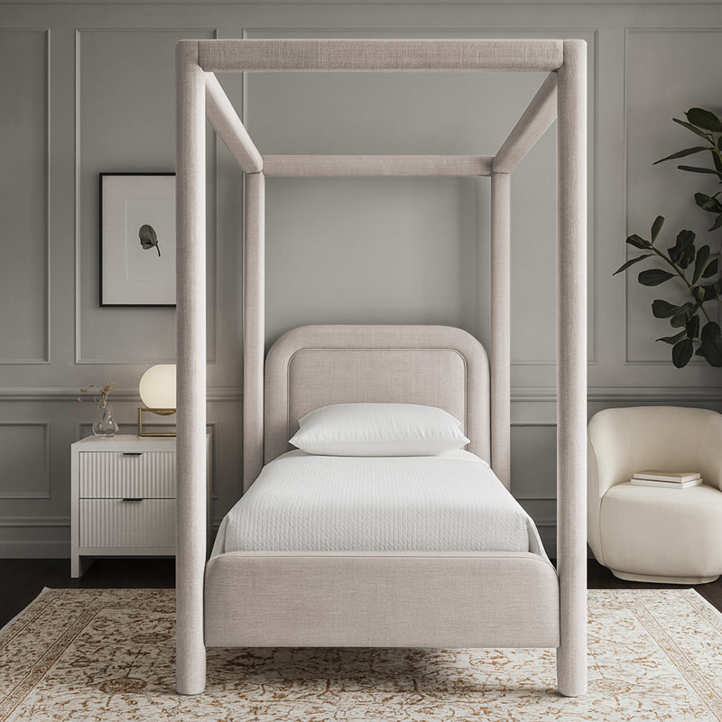 Salina Linen Textured Fabric Upholstered Bed, Beige Linen Textured Fabric, Twin