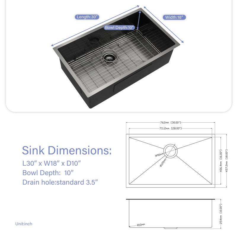 30'' L Undermount Single Bowl Stainless Steel Kitchen Sink