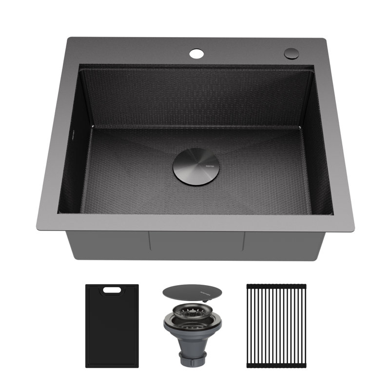Karran Matrix 25" Top Mount Workstation 16 Gauge Single Bowl Stainless Steel Kitchen Sink in Gunmetal Grey with Accessories
