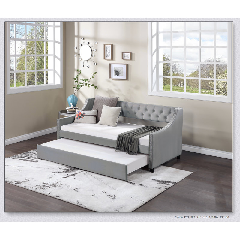Upholstered Daybed With Trundle, Wood Frame With Tufted Buttons And Copper Nails